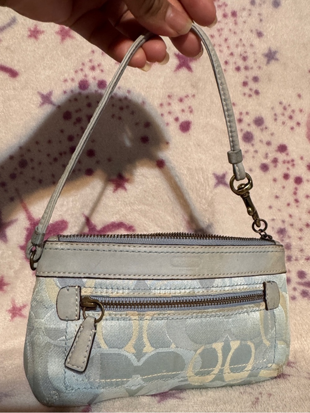 Coach Pale Blue Signature Wristlet with Leather Trim